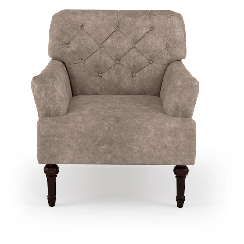 Wide Tufted Accent Chair with Faux Leather Upholstery & Turned Legs – Brown & Grey