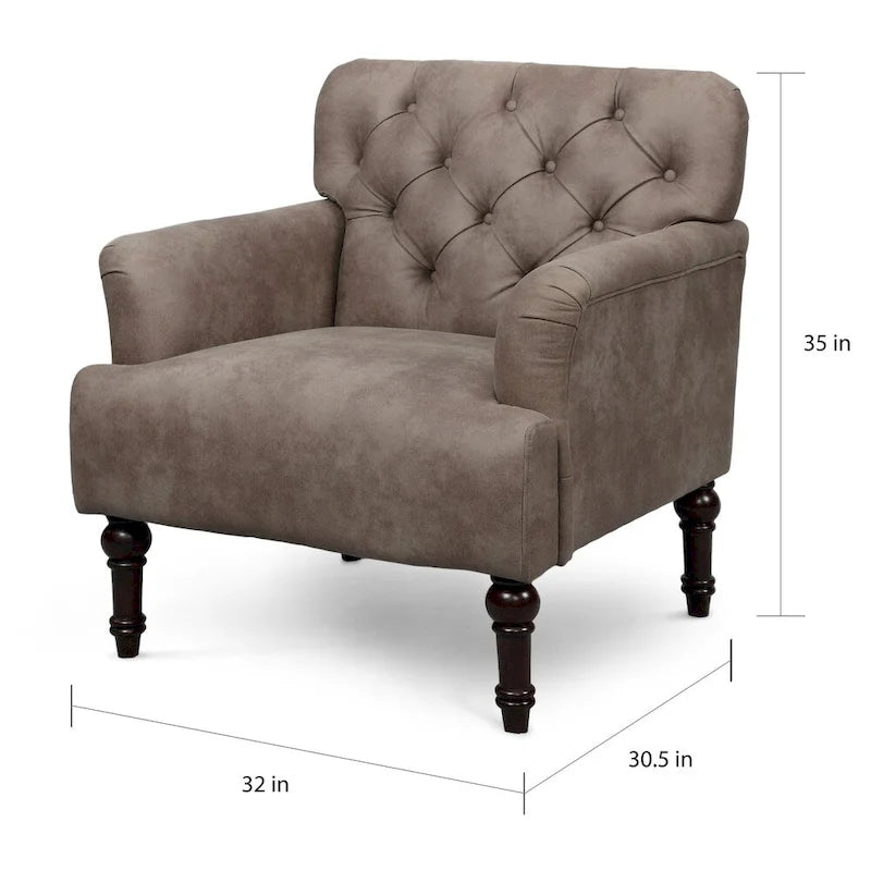 Wide Tufted Accent Chair with Faux Leather Upholstery & Turned Legs – Brown & Grey