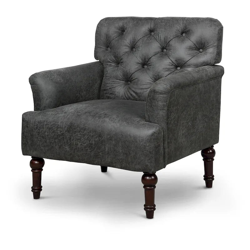 Wide Tufted Accent Chair with Faux Leather Upholstery & Turned Legs – Brown & Grey