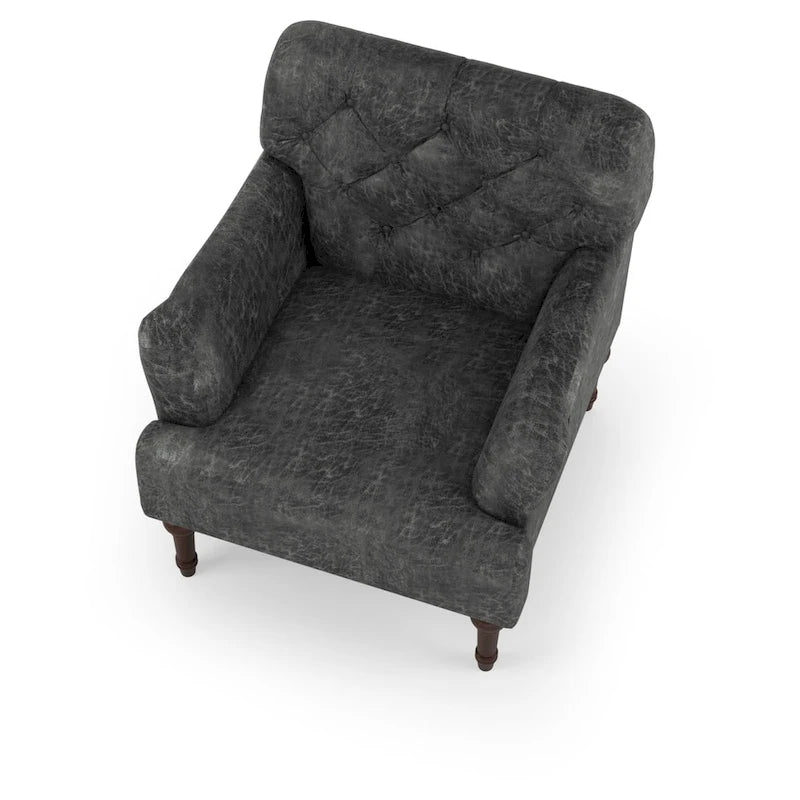 Wide Tufted Accent Chair with Faux Leather Upholstery & Turned Legs – Brown & Grey