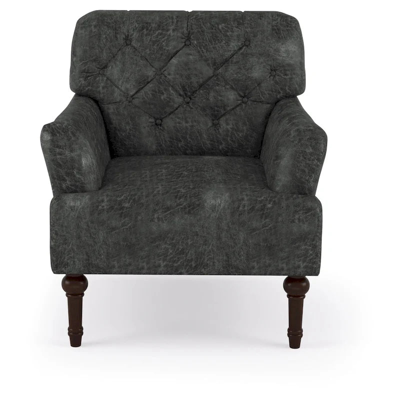 Wide Tufted Accent Chair with Faux Leather Upholstery & Turned Legs – Brown & Grey