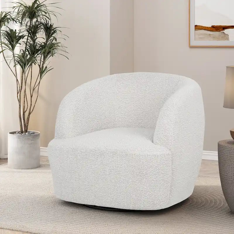 Round Boucle Upholstered Swivel Club Chair – Cream Textured Fabric, Contemporary Living Room Chair
