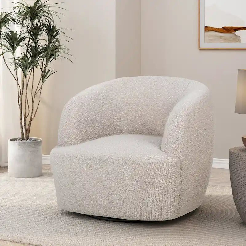 Round Boucle Upholstered Swivel Club Chair – Cream Textured Fabric, Contemporary Living Room Chair