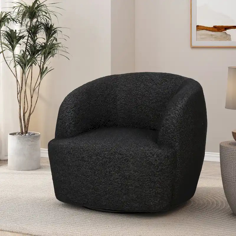 Round Boucle Upholstered Swivel Club Chair – Cream Textured Fabric, Contemporary Living Room Chair