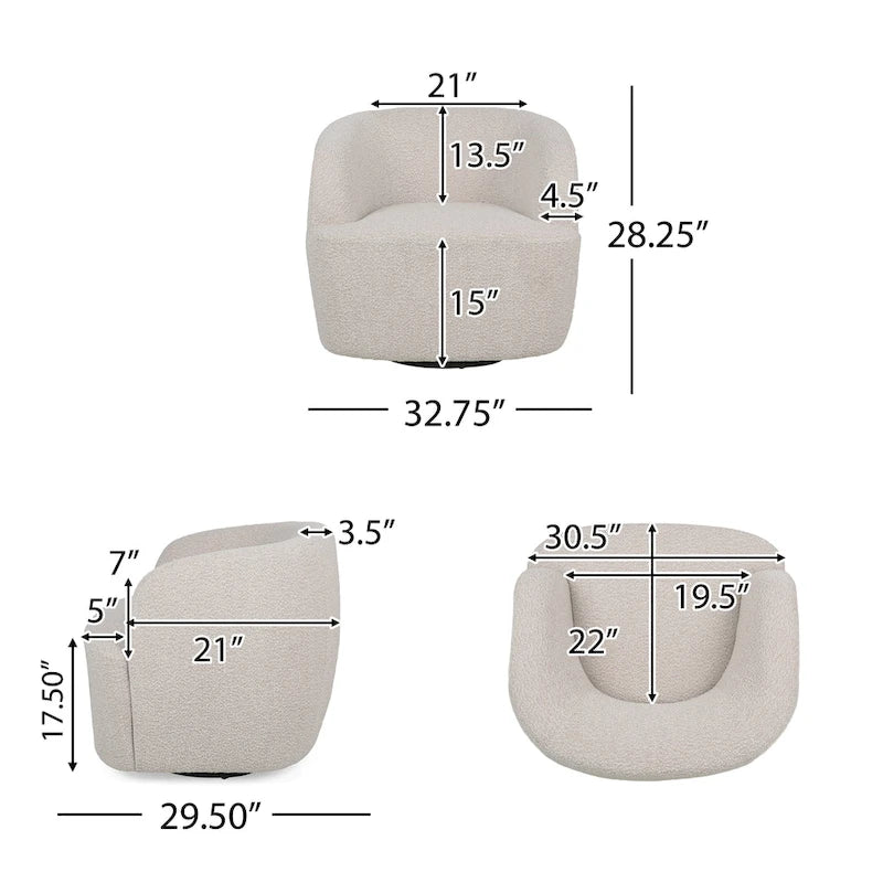 Round Boucle Upholstered Swivel Club Chair – Cream Textured Fabric, Contemporary Living Room Chair