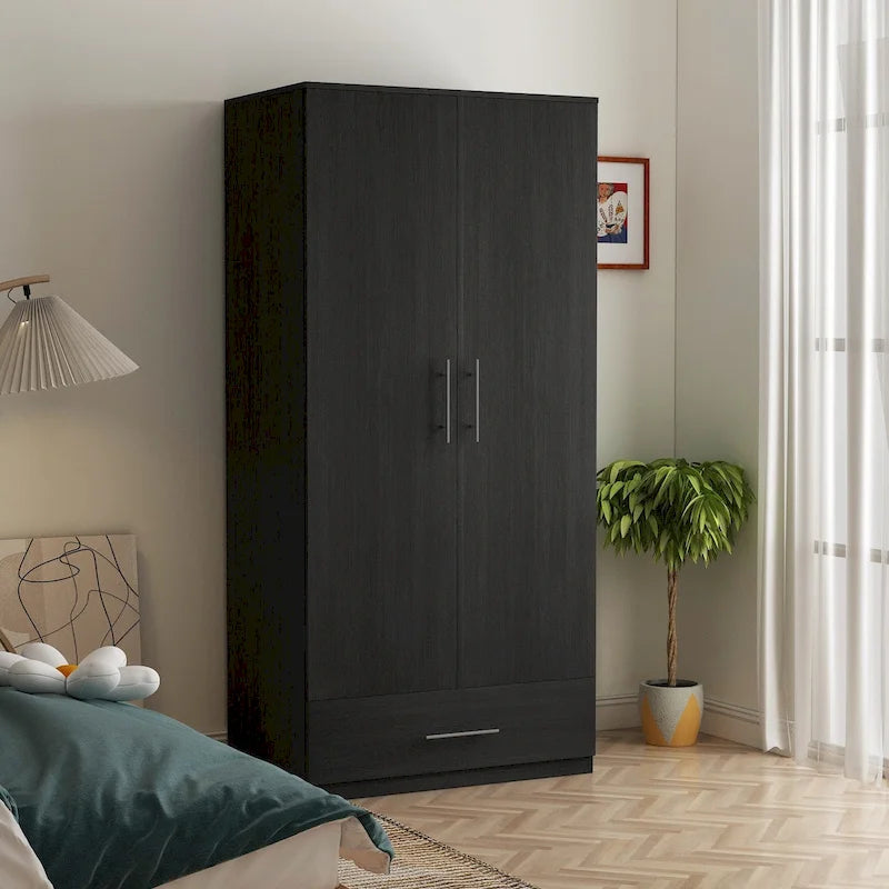Armoire Wardrobe Cabinet with 2 Doors, 1 Drawer & Garment Rod – 31.5"x66.9" | White & Black