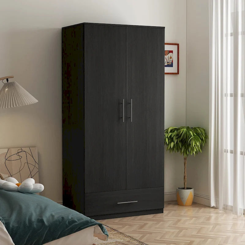 Armoire Wardrobe Cabinet with 2 Doors, 1 Drawer & Garment Rod – 31.5"x66.9" | White & Black