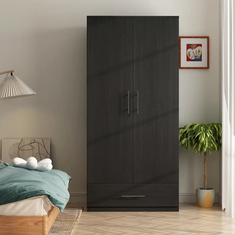 Armoire Wardrobe Cabinet with 2 Doors, 1 Drawer & Garment Rod – 31.5"x66.9" | White & Black