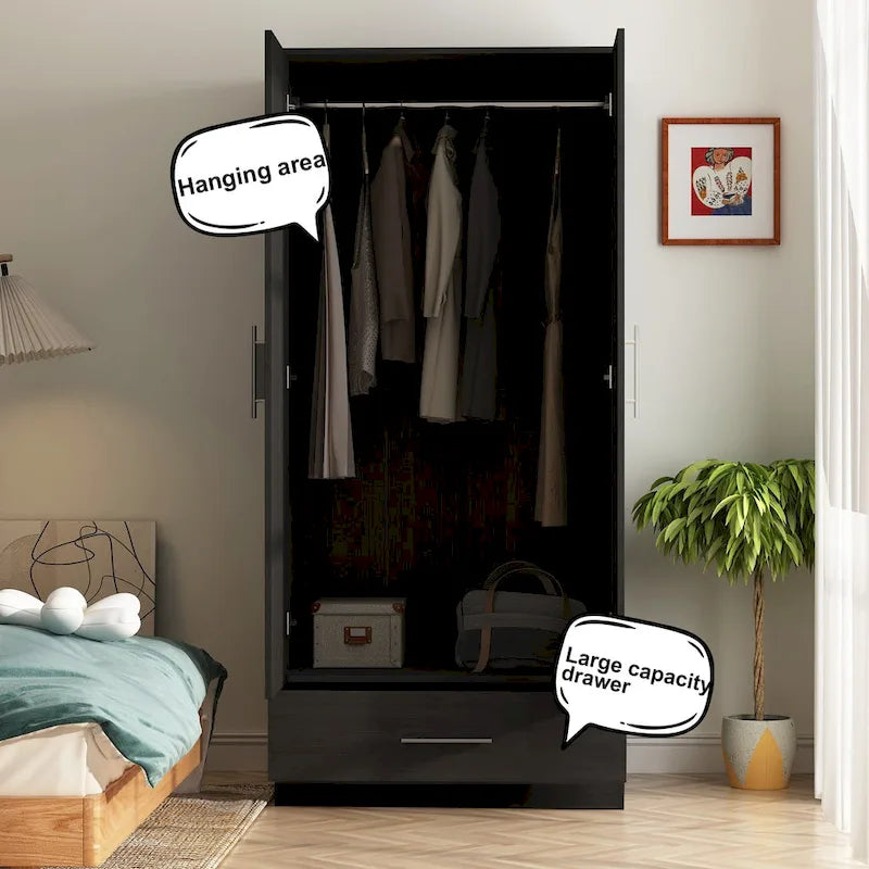 Armoire Wardrobe Cabinet with 2 Doors, 1 Drawer & Garment Rod – 31.5"x66.9" | White & Black