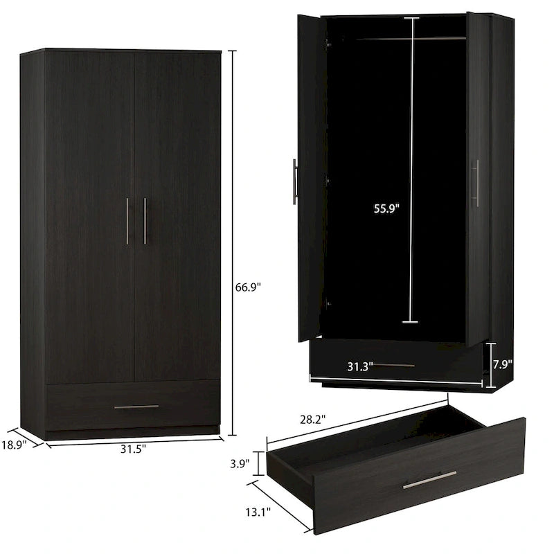 Armoire Wardrobe Cabinet with 2 Doors, 1 Drawer & Garment Rod – 31.5"x66.9" | White & Black