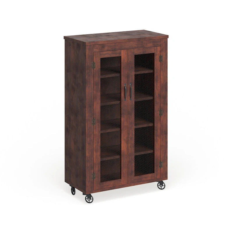 5-Shelf Mobile Storage Cabinet with Wire Panel Doors – Vintage Walnut, Rolling Wheels, 31.5"W x 52.2"H