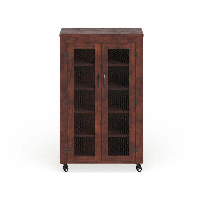 5-Shelf Mobile Storage Cabinet with Wire Panel Doors – Vintage Walnut, Rolling Wheels, 31.5"W x 52.2"H