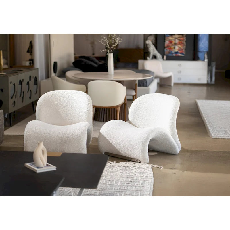 Modern White Fabric Accent Chair with Chrome Base & Curved Backrest – 31"W x 29"H