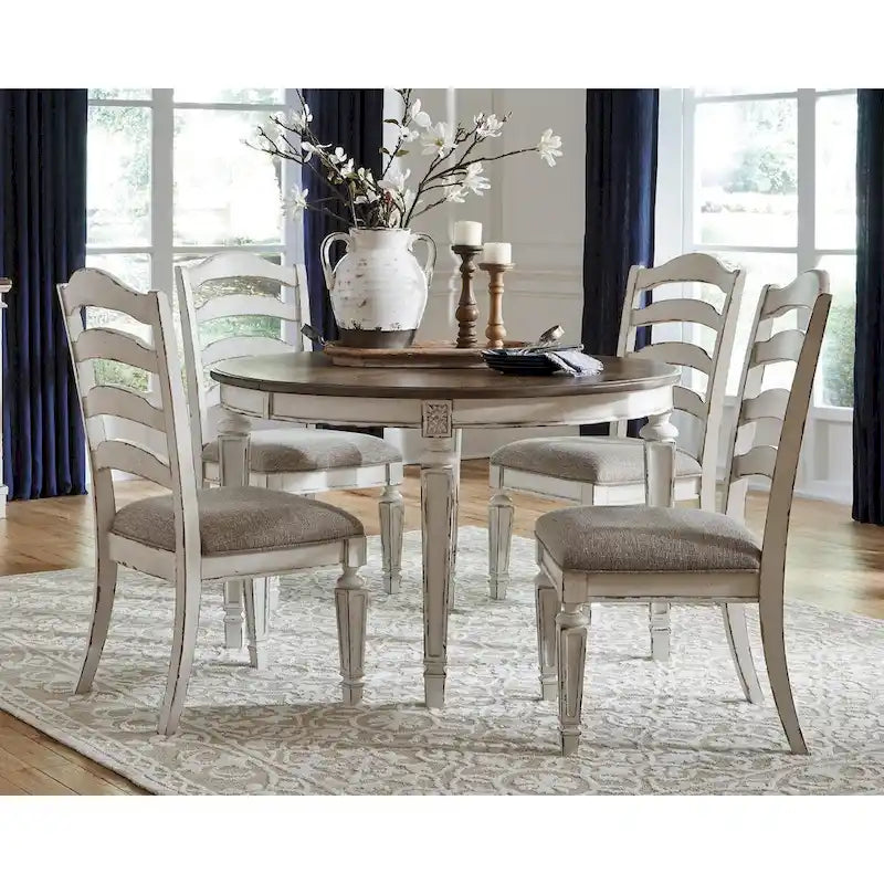 White distressed paint dining chairs