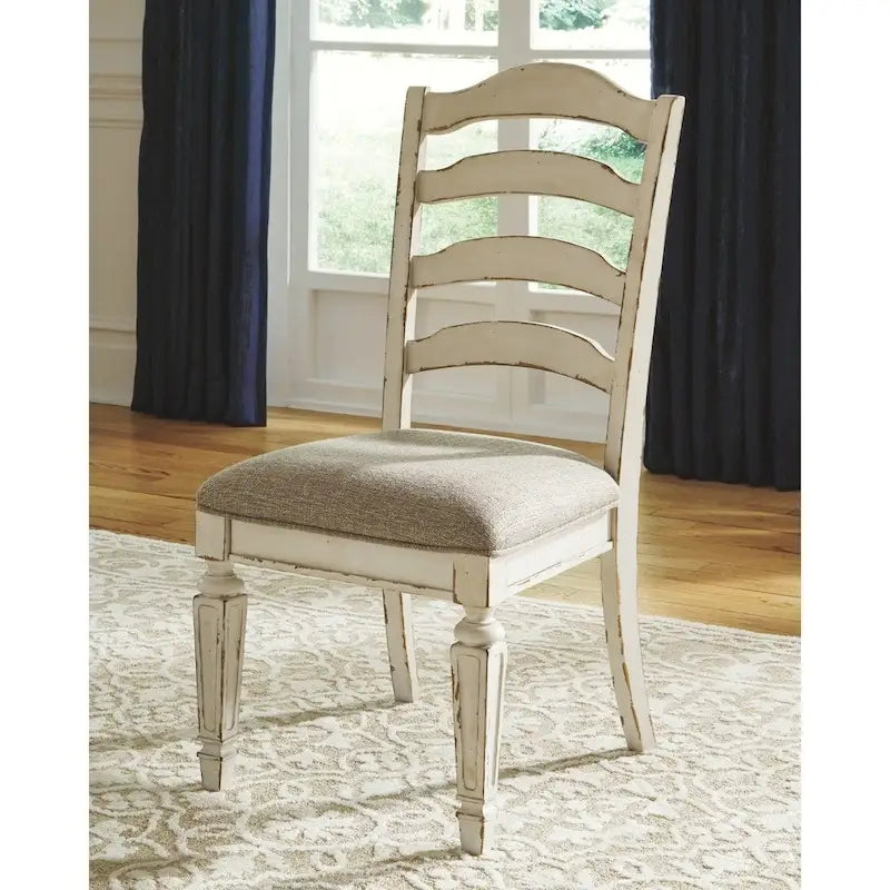 White distressed paint dining chairs