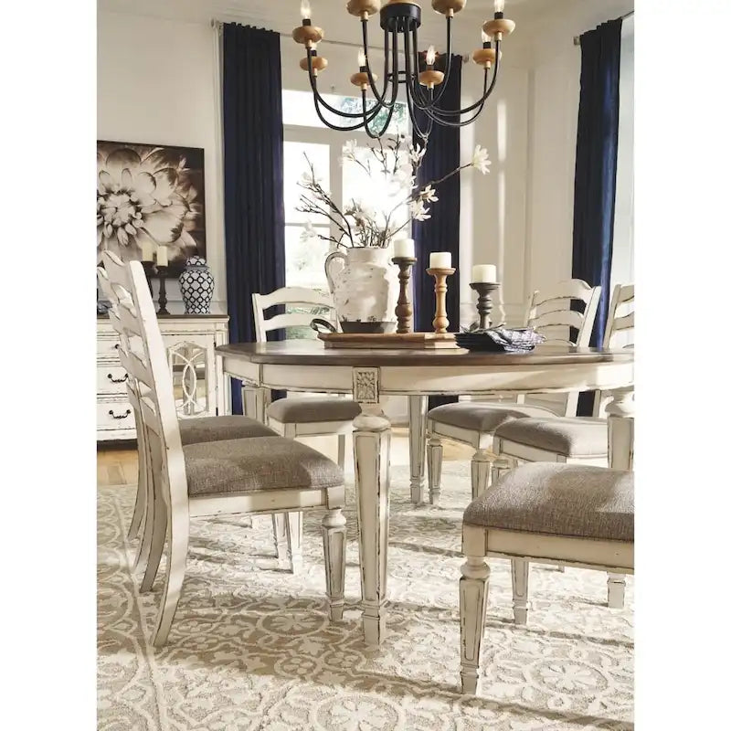 White distressed paint dining chairs