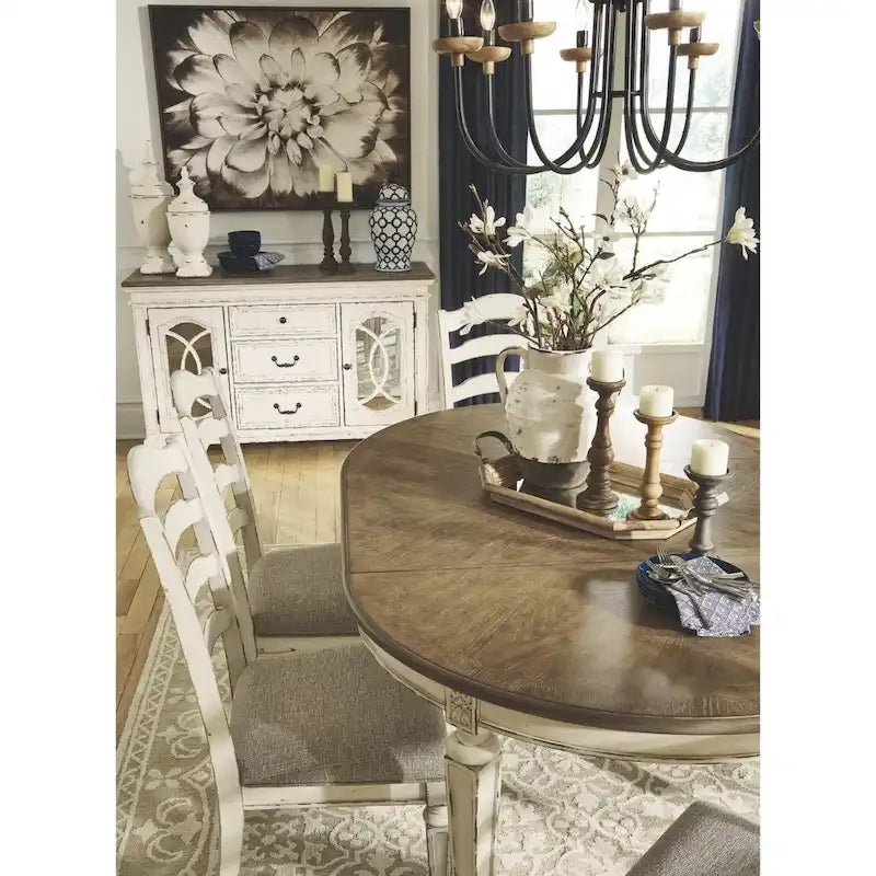 White distressed paint dining chairs