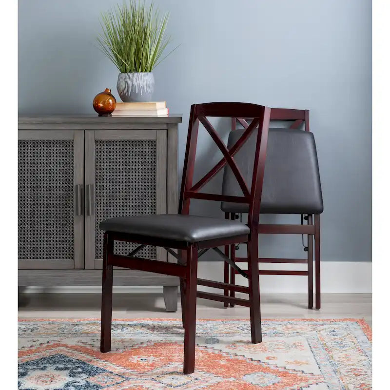 Folding Chairs Set of 2 – Espresso Faux Leather Seat, Metal Legs, Compact & Portable