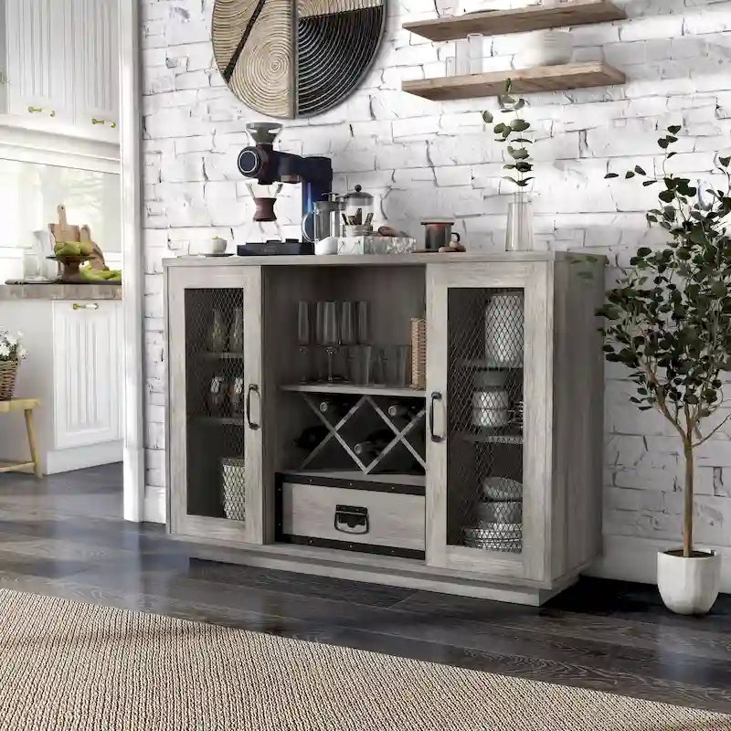 Industrial Buffet Cabinet with Wire Mesh Doors, Wine Rack & Drawer – Grey Wash Finish