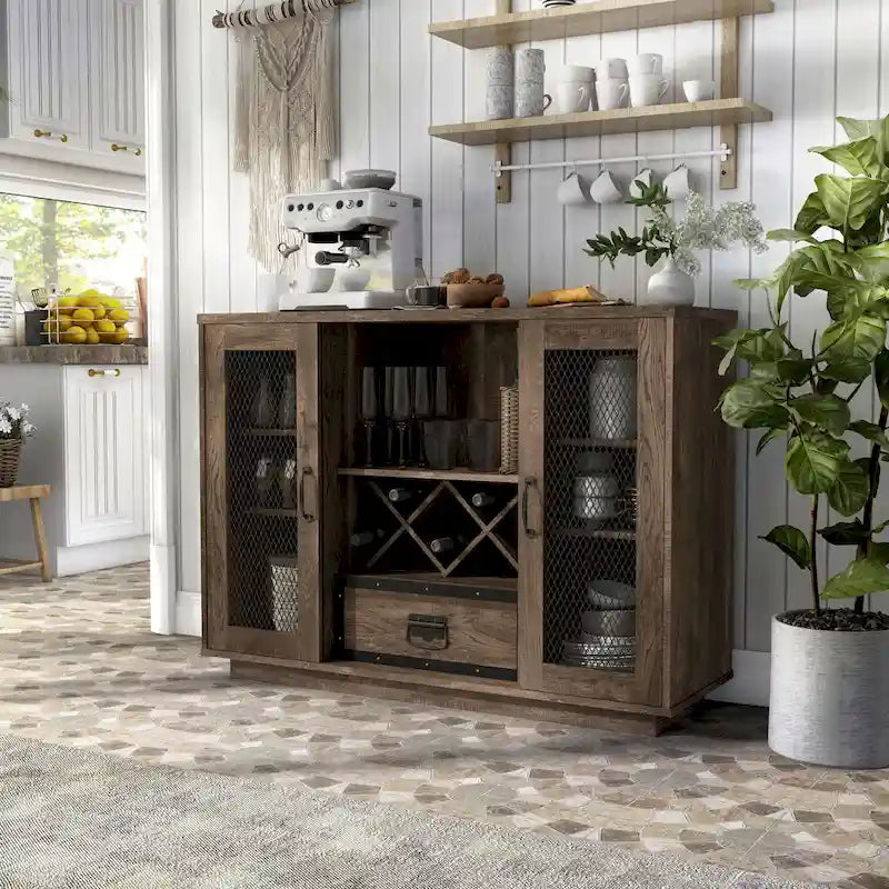Industrial Buffet Cabinet with Wire Mesh Doors, Wine Rack & Drawer – Grey Wash Finish