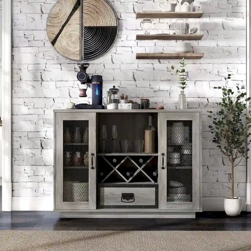 Industrial Buffet Cabinet with Wire Mesh Doors, Wine Rack & Drawer – Grey Wash Finish