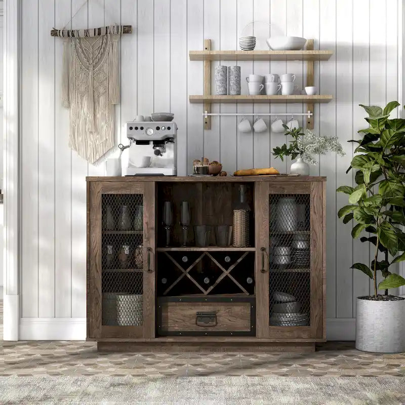 Industrial Buffet Cabinet with Wire Mesh Doors, Wine Rack & Drawer – Grey Wash Finish