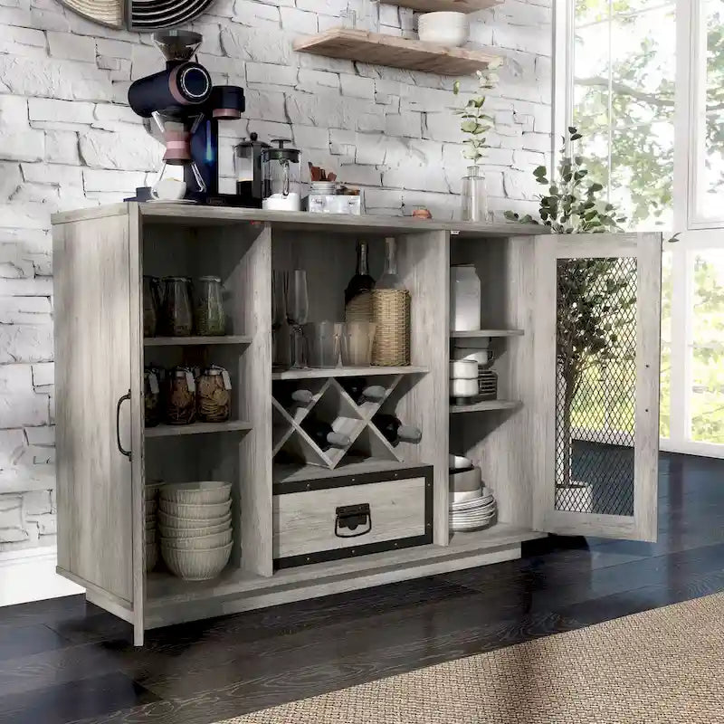 Industrial Buffet Cabinet with Wire Mesh Doors, Wine Rack & Drawer – Grey Wash Finish