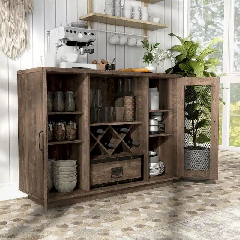 Industrial Buffet Cabinet with Wire Mesh Doors, Wine Rack & Drawer – Grey Wash Finish