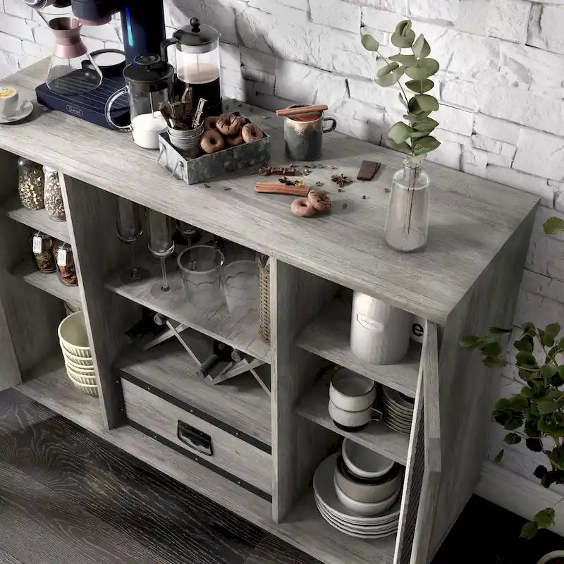 Industrial Buffet Cabinet with Wire Mesh Doors, Wine Rack & Drawer – Grey Wash Finish