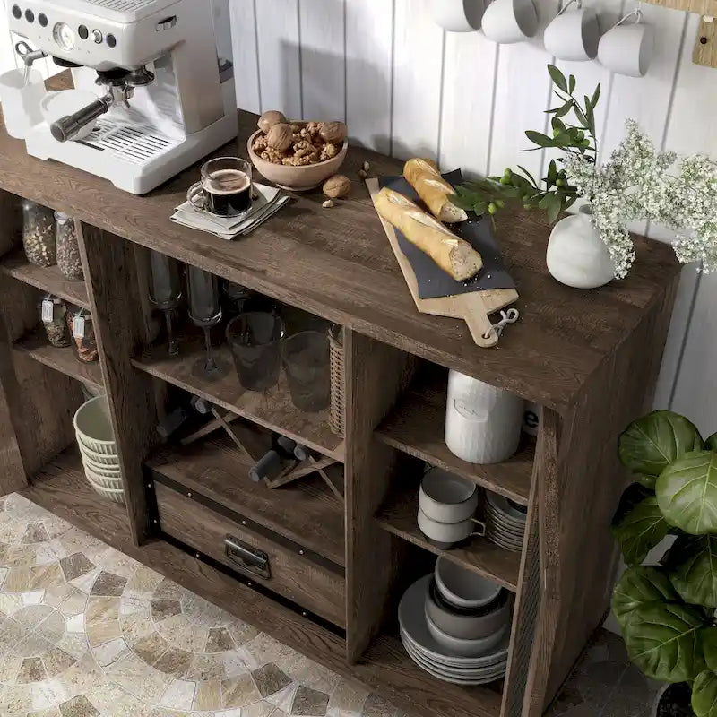 Industrial Buffet Cabinet with Wire Mesh Doors, Wine Rack & Drawer – Grey Wash Finish