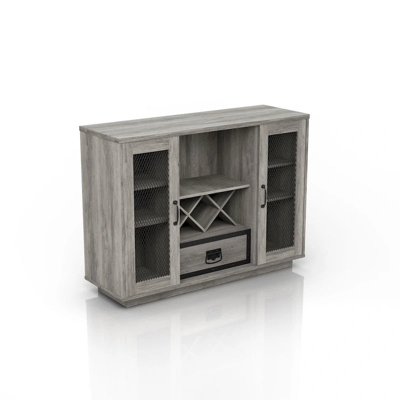 Industrial Buffet Cabinet with Wire Mesh Doors, Wine Rack & Drawer – Grey Wash Finish