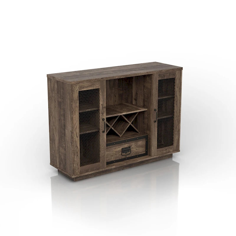 Industrial Buffet Cabinet with Wire Mesh Doors, Wine Rack & Drawer – Grey Wash Finish