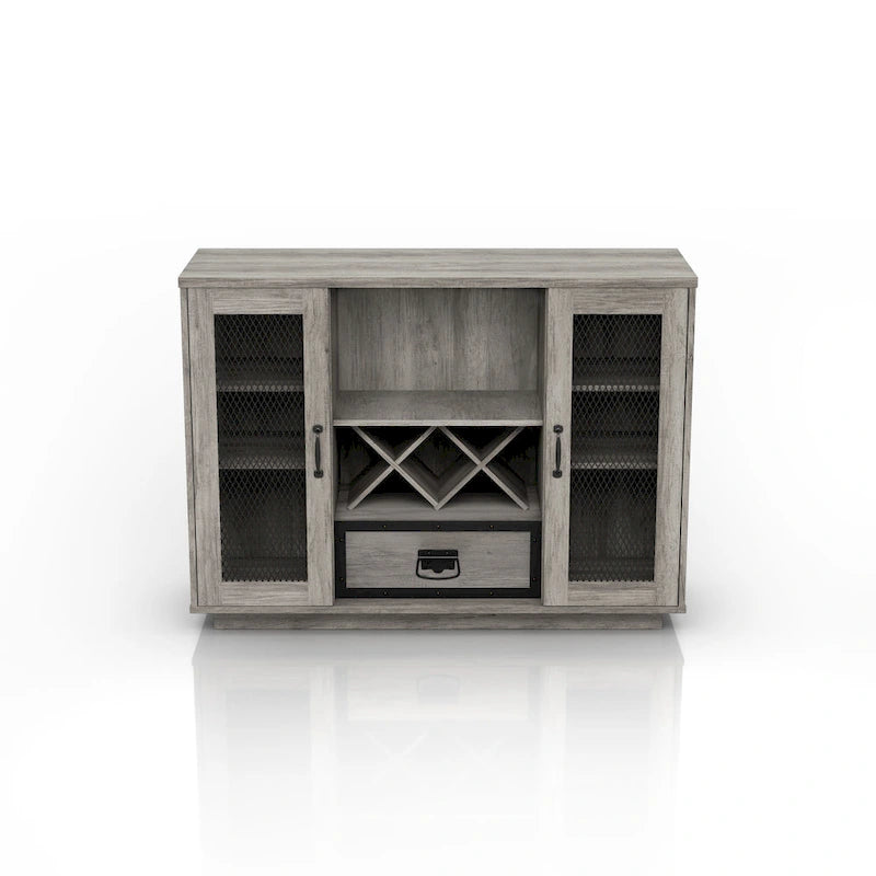 Industrial Buffet Cabinet with Wire Mesh Doors, Wine Rack & Drawer – Grey Wash Finish