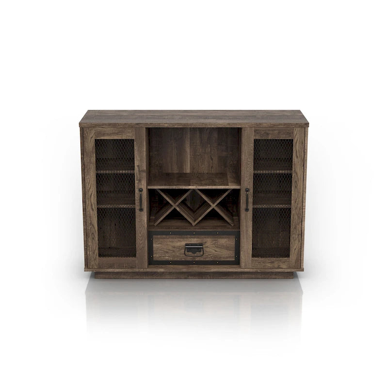 Industrial Buffet Cabinet with Wire Mesh Doors, Wine Rack & Drawer – Grey Wash Finish