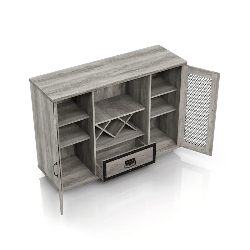 Industrial Buffet Cabinet with Wire Mesh Doors, Wine Rack & Drawer – Grey Wash Finish