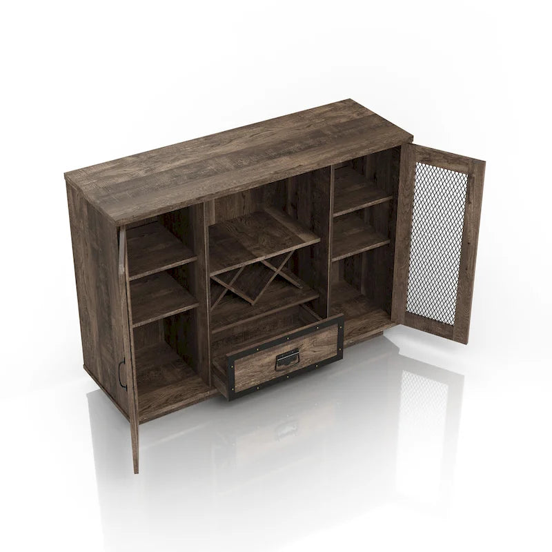 Industrial Buffet Cabinet with Wire Mesh Doors, Wine Rack & Drawer – Grey Wash Finish