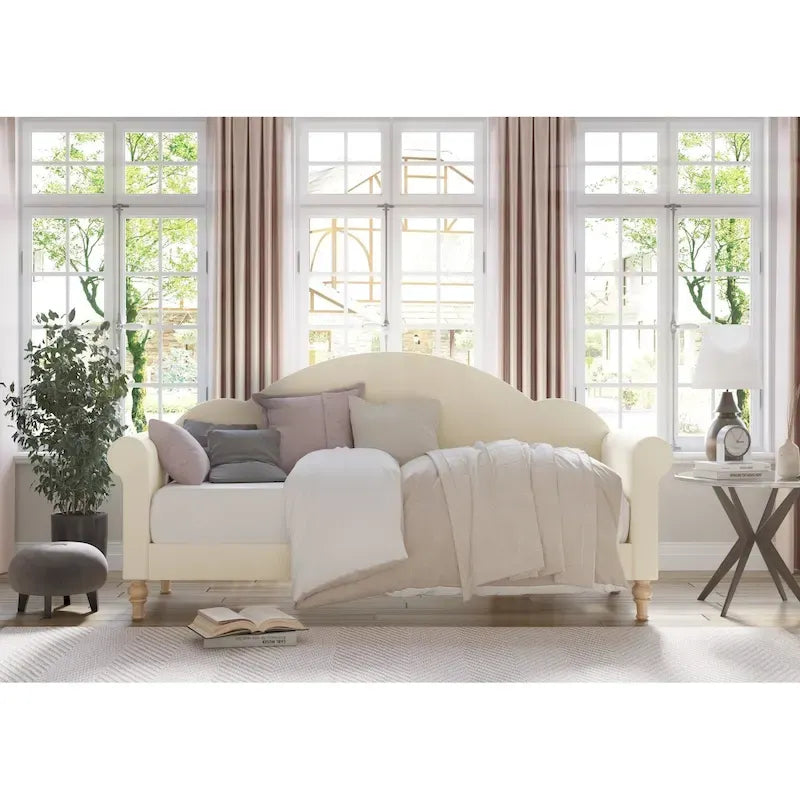Upholstered Twin Daybed with Rolled Arms & Turned Legs – Polyester Fabric, Available in Grey, Beige & Black