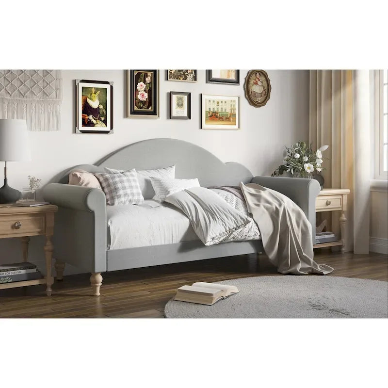 Upholstered Twin Daybed with Rolled Arms & Turned Legs – Polyester Fabric, Available in Grey, Beige & Black