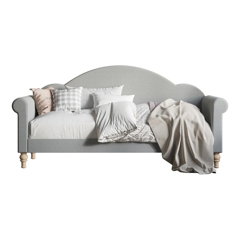 Upholstered Twin Daybed with Rolled Arms & Turned Legs – Polyester Fabric, Available in Grey, Beige & Black