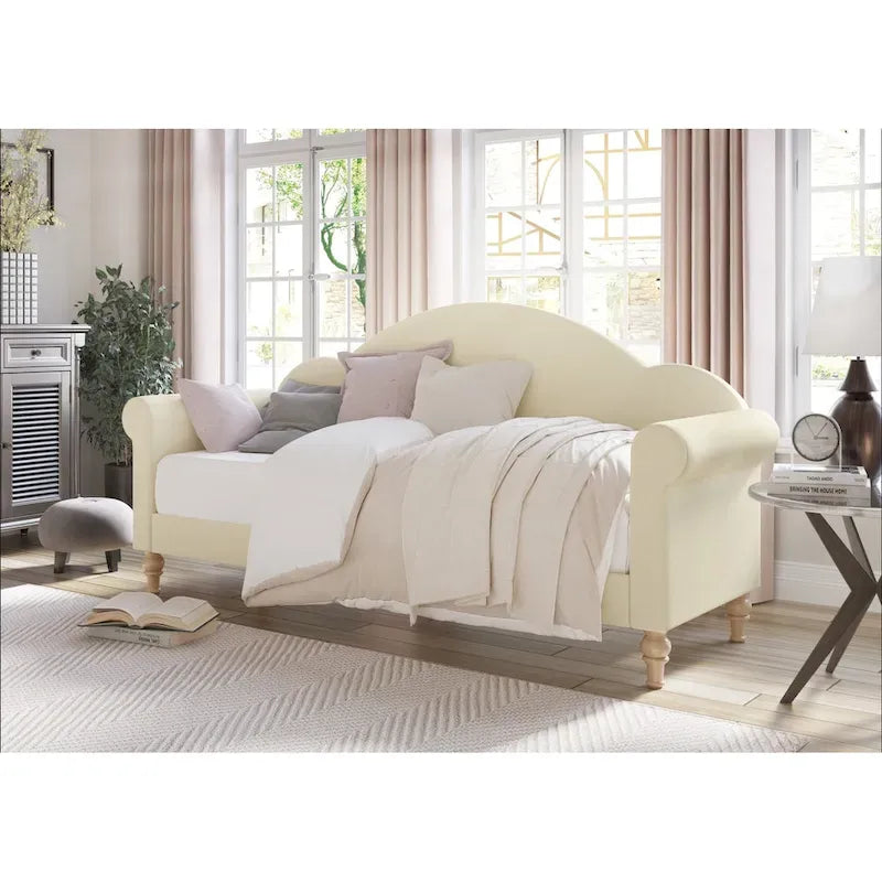 Upholstered Twin Daybed with Rolled Arms & Turned Legs – Polyester Fabric, Available in Grey, Beige & Black