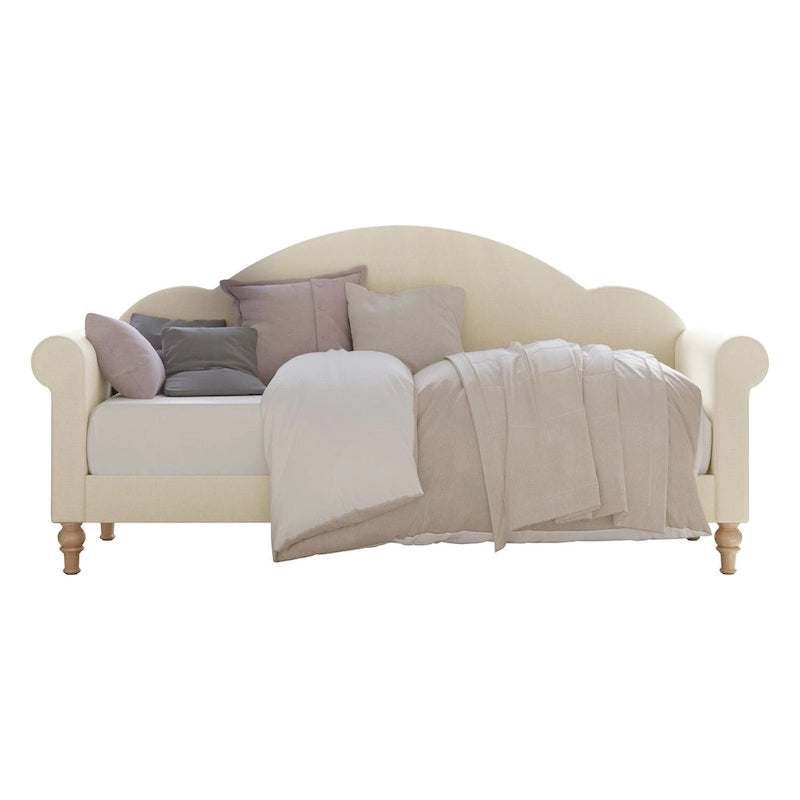 Upholstered Twin Daybed with Rolled Arms & Turned Legs – Polyester Fabric, Available in Grey, Beige & Black