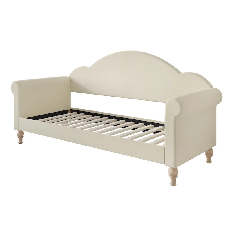 Upholstered Twin Daybed with Rolled Arms & Turned Legs – Polyester Fabric, Available in Grey, Beige & Black