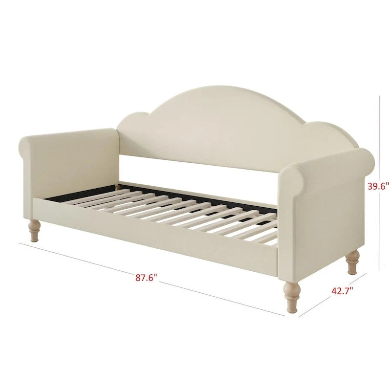 Upholstered Twin Daybed with Rolled Arms & Turned Legs – Polyester Fabric, Available in Grey, Beige & Black