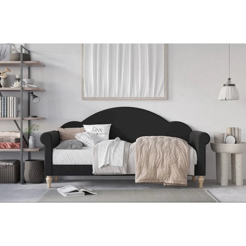 Upholstered Twin Daybed with Rolled Arms & Turned Legs – Polyester Fabric, Available in Grey, Beige & Black