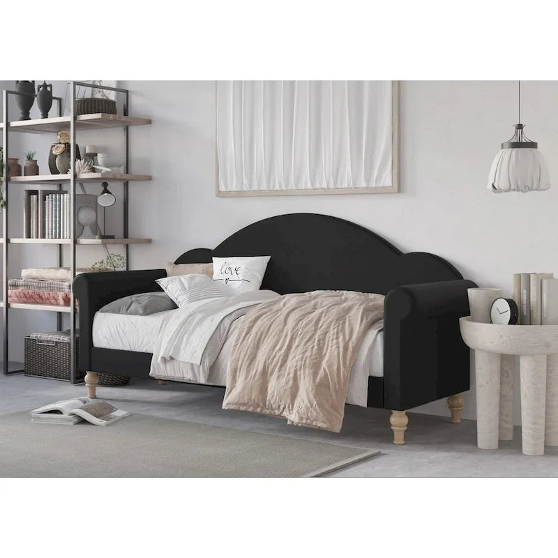 Upholstered Twin Daybed with Rolled Arms & Turned Legs – Polyester Fabric, Available in Grey, Beige & Black