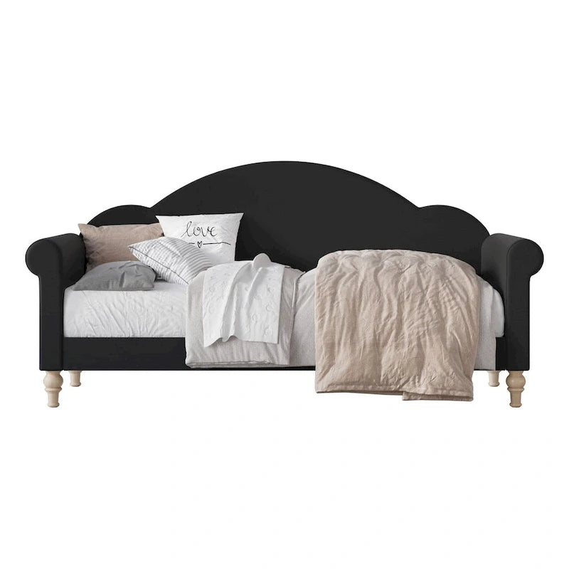 Upholstered Twin Daybed with Rolled Arms & Turned Legs – Polyester Fabric, Available in Grey, Beige & Black