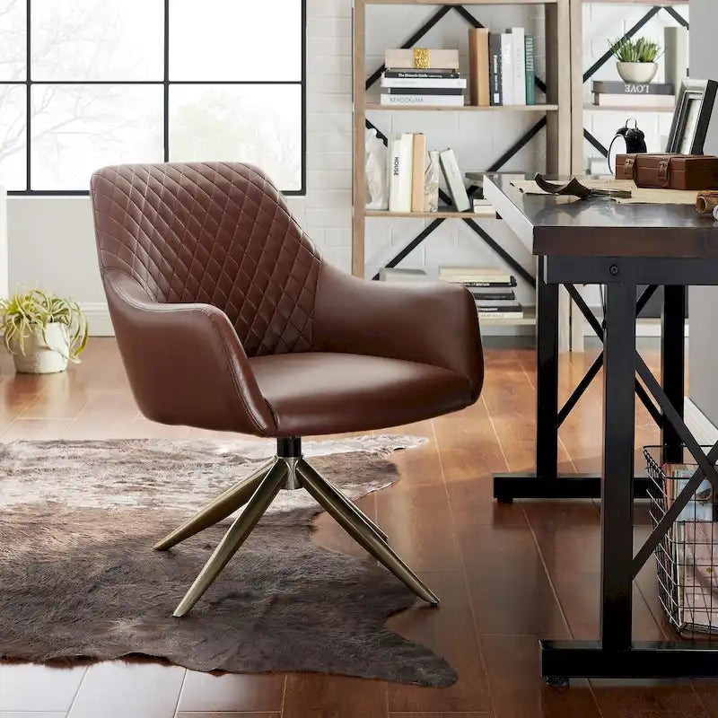 Faux Leather Swivel Accent Chair with Diamond Quilted Back & Metal Base – White, Living Room Chair