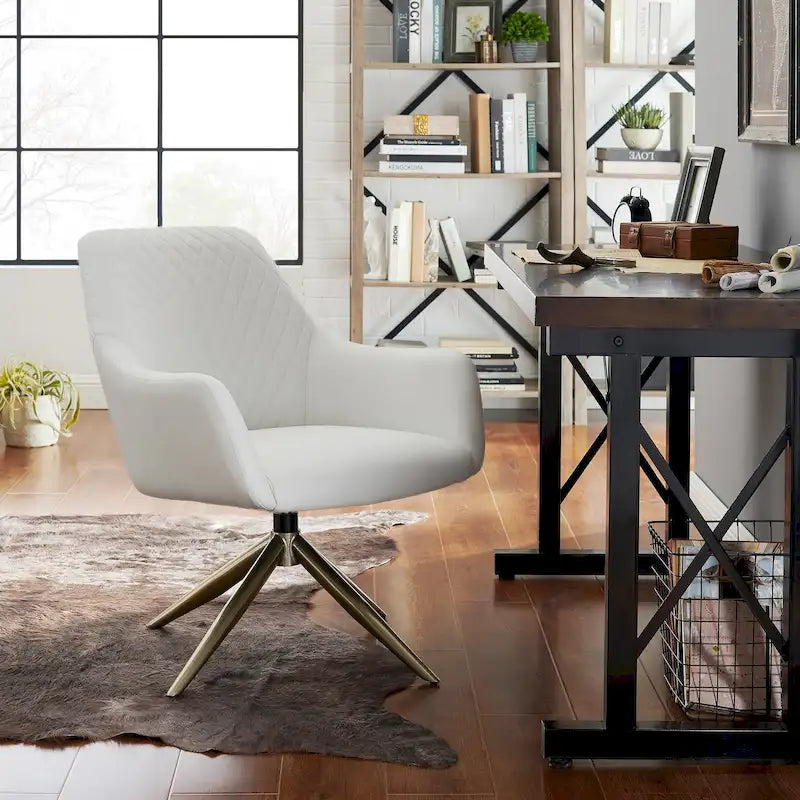 Faux Leather Swivel Accent Chair with Diamond Quilted Back & Metal Base – White, Living Room Chair