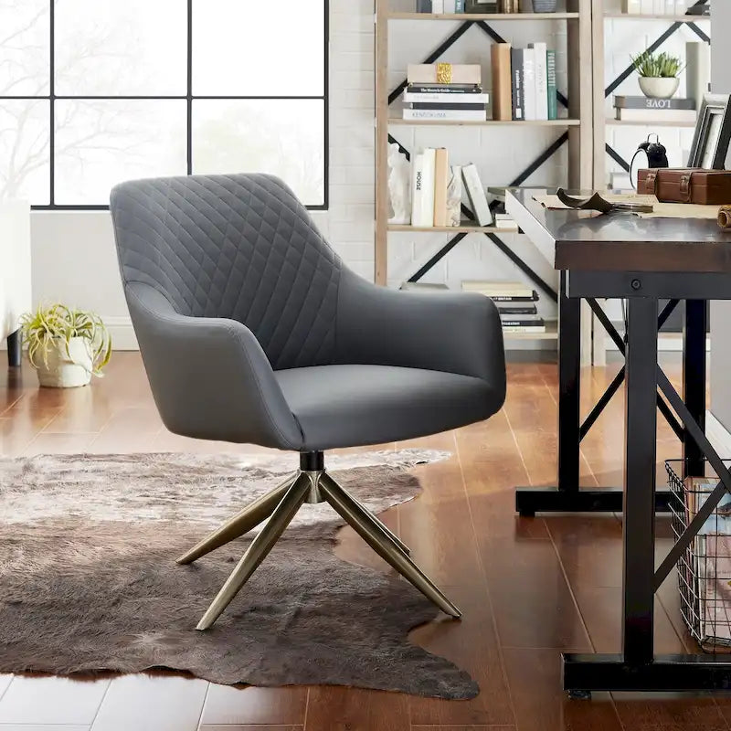 Faux Leather Swivel Accent Chair with Diamond Quilted Back & Metal Base – White, Living Room Chair