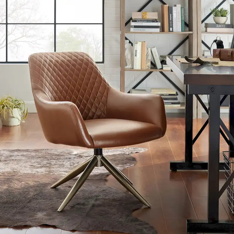 Faux Leather Swivel Accent Chair with Diamond Quilted Back & Metal Base – White, Living Room Chair